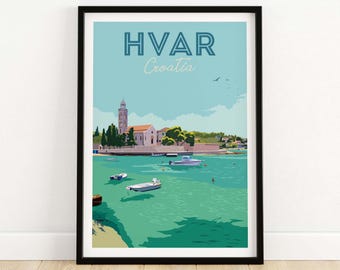 Hvar Print | Croatia Travel Poster | Hvar Croatia Wall Art | Croatian Holiday Travel Gift | Best Travel Poster Set of Croatia | Vintage Art
