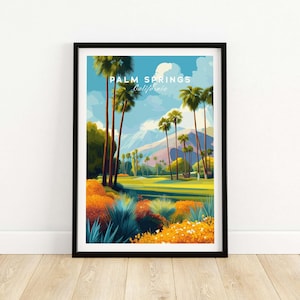 Impresión del campo de golf de Palm Springs, arte vintage, paisaje desértico, póster con vista a la montaña, decoración de pared del suroeste, regalo para amantes del golf