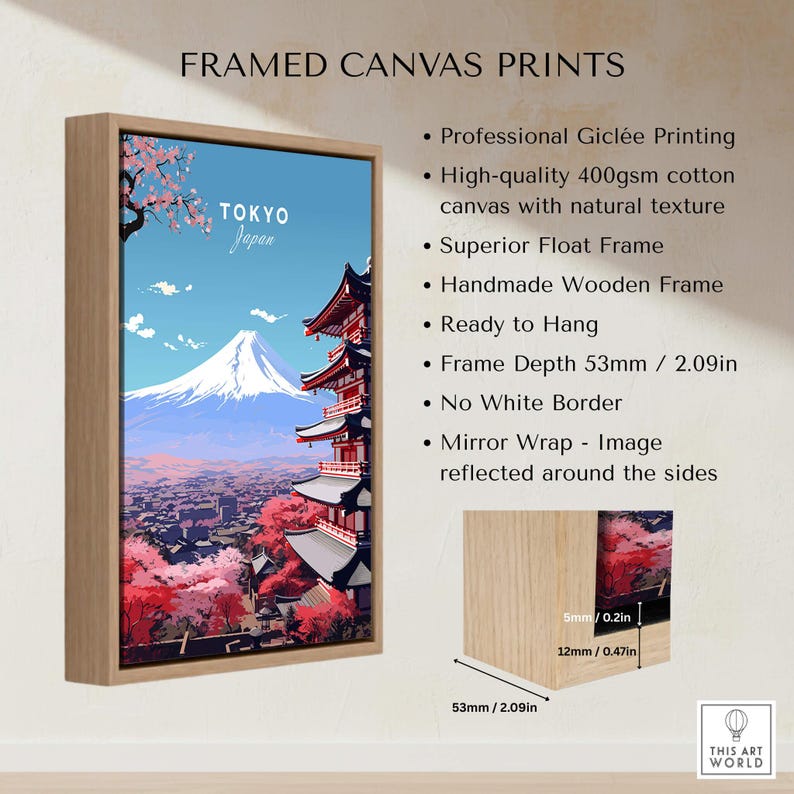Tokyo Travel Poster showcasing Mount Fuji and cherry blossoms, framed with a wooden frame, perfect for home decor.