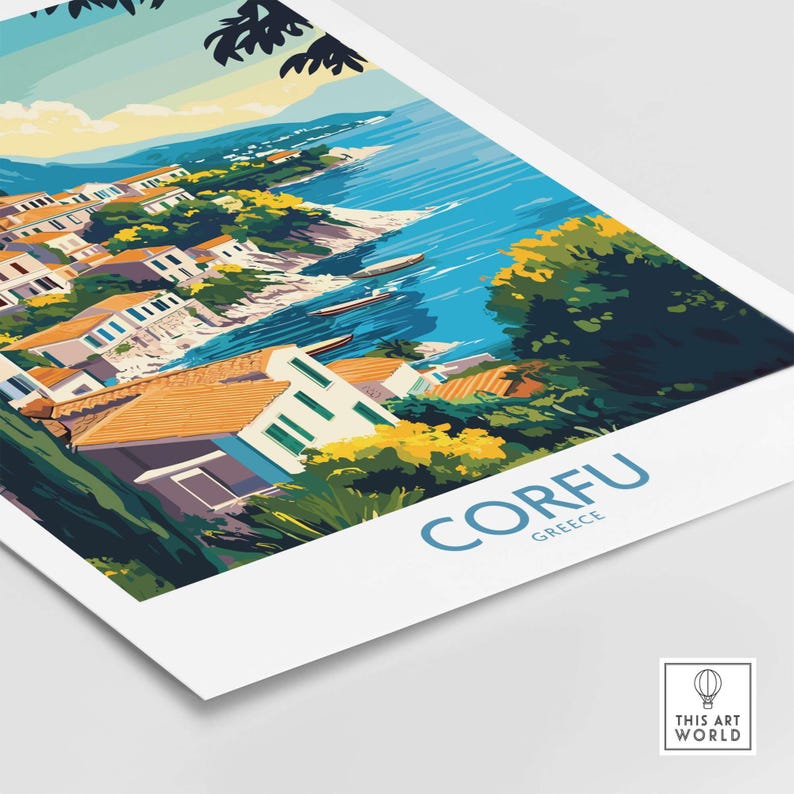 Corfu landscape art print showcasing vibrant coastal scenery and Mediterranean architecture in Greece.
