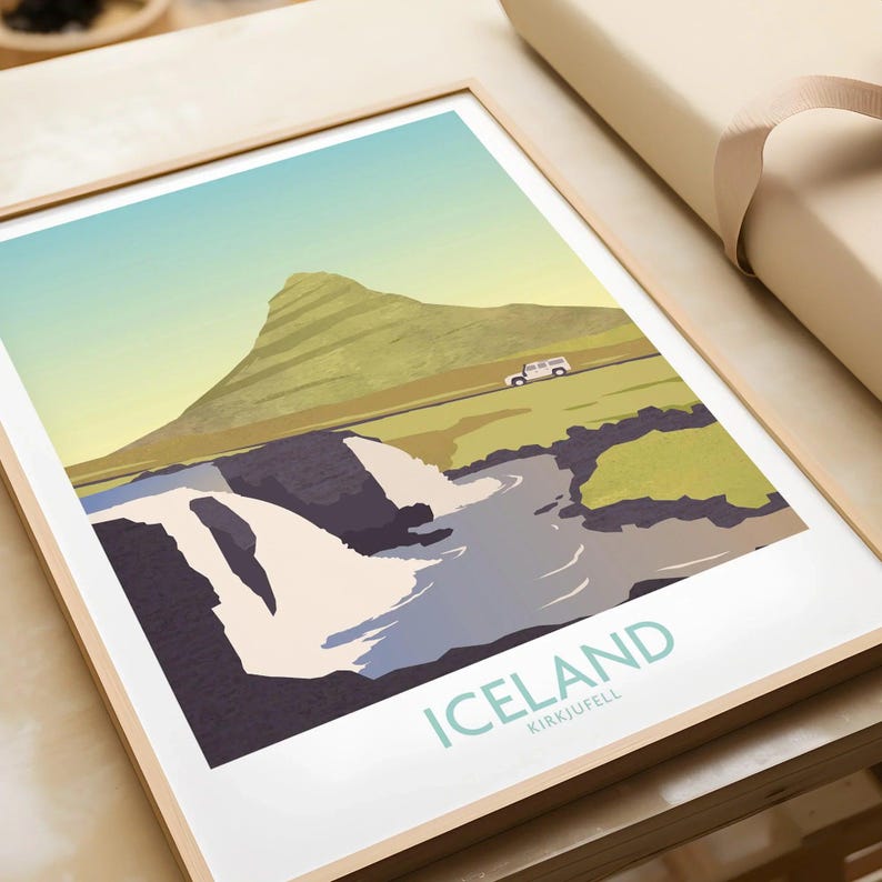 Iceland Kirkjufell travel poster with mountain, waterfall, and car, framed wall art for home decor