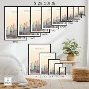 Size guide for London Skyline Print wall art showcasing various frame sizes and room setting.