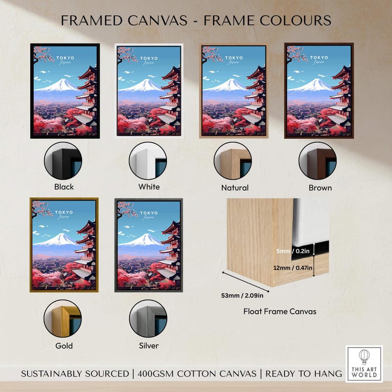 Tokyo Travel Poster framed canvas options in black, white, natural, brown, gold, and silver colors.