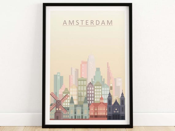 Amsterdam Skyline Wall Art, Vintage City Print, Travel Poster Gift, Dutch City Decor, Wedding Gift Idea, Large Wall Display