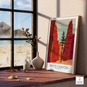 Bryce Canyon National Park art print in natural wood frame on sunny window sill, modern decor