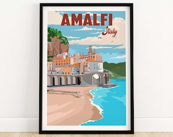 Wydruk z Wybrzeża Amalfi we Włoszech | Plakat podróżniczy z Riwiery Włoskiej | Wydruk ścienny z motywem Wybrzeża Amalfi | Prezent z Amalfi w ramie i bez ramy