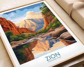 May include: A framed art print featuring a landscape of Zion National Park. The artwork depicts red rock formations, a river, and the text "ZION NATIONAL PARK" in blue and white. The print is in a wooden frame.