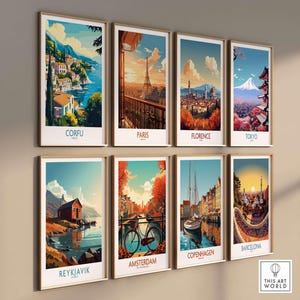 Gallery of vintage-style travel posters featuring cities like Corfu, Paris, Florence, Tokyo, Reykjavik, and Barcelona.