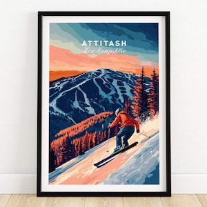 Attitash Ski Print New Hampshire Mountain Art Ski Lodge muur decor wintersport artwork Home alpine chalet cadeau avontuur sportresort