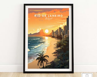 May include: Framed art print of Rio de Janeiro, Brazil, at sunset. The image features a beach with waves, palm trees, and a city skyline. The sky is a gradient of orange and yellow, with the text "RIO DE JANEIRO BRAZIL".