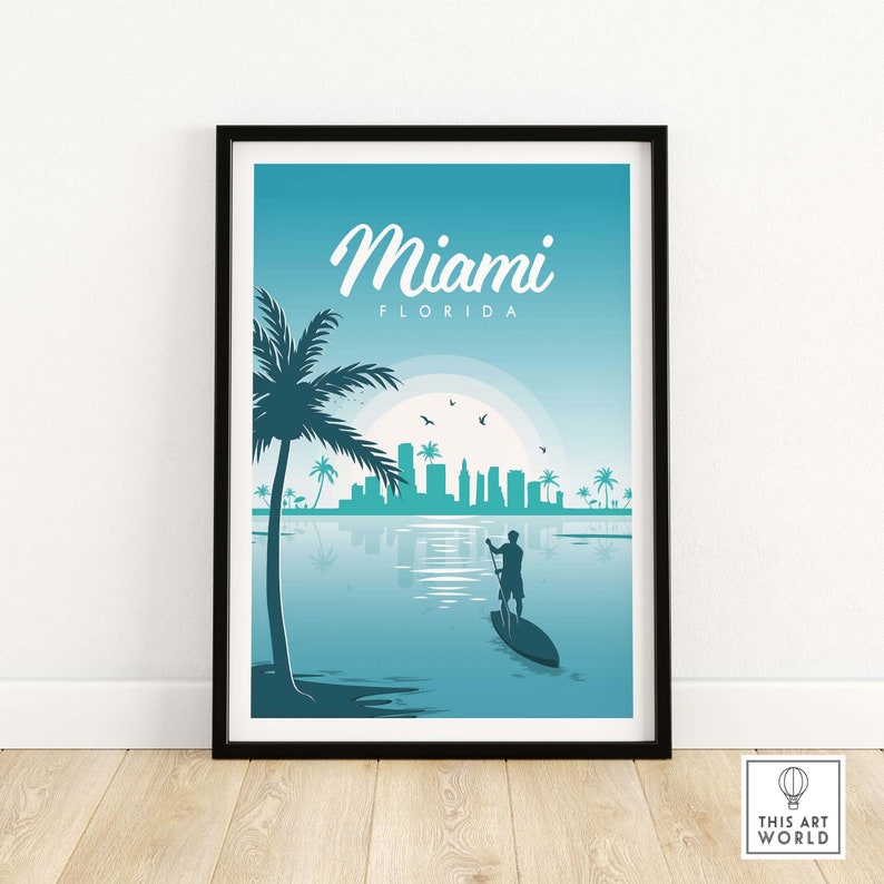 May include: A teal and blue illustration of the Miami skyline with palm trees and a person paddleboarding in the water. The text "Miami Florida" is at the top of the image.