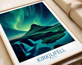 May include: Framed art print depicting a landscape with a waterfall and a mountain under a vibrant green and blue aurora borealis. The print is labelled "KIRKJUFELL ICELAND" in blue text. The artwork is in a wooden frame.