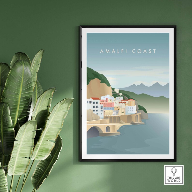 May include: A colorful illustration of the Amalfi Coast in Italy. The image features a town built into the side of a cliff with a bridge leading to the water. The text "Amalfi Coast" is printed in white at the top of the image.