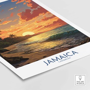 May include: A digital illustration of a sunset over a beach in Jamaica. The sky is a vibrant orange and pink, with fluffy clouds. The ocean is a deep blue, with a wave crashing on the shore. Palm trees are silhouetted against the sunset. The text "Jamaica Caribbean" is in the lower right corner.
