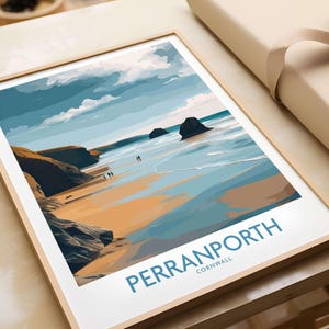 Perranporth Cornwall Ocean Walk Wall Art, UK Seaside Decor, Footprints In Sand, Vintage Style Poster, Framed & Unframed Beach Print