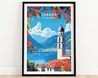 May include: A colorful illustration of a church with a bell tower in Lugano, Switzerland. The church is situated on a hill overlooking a lake with mountains in the background. The image is framed by red flowers.