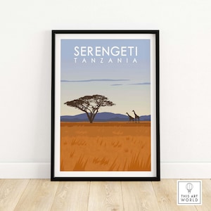 Serengeti Print Tanzania Travel Poster | African Safari Wall Art with Giraffes | Tanzanian Gift Idea | Framed & Unframed Artwork