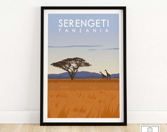 Serengeti Print Tanzania Travel Poster | African Safari Wall Art with Giraffes | Tanzanian Gift Idea | Framed & Unframed Artwork