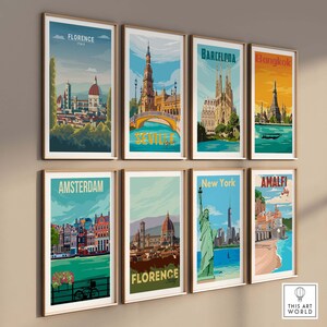 May include: A collage of eight vintage travel posters featuring iconic landmarks from cities around the world. The posters are framed in wood and have a retro aesthetic. The cities featured are Florence, Seville, Barcelona, Bangkok, Amsterdam, Florence, New York, and Amalfi.