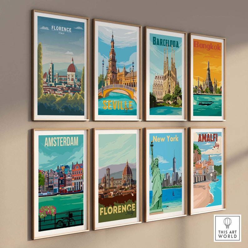 May include: A collage of eight vintage travel posters featuring iconic landmarks from cities around the world. The posters are framed in wood and have a retro aesthetic. The cities featured are Florence, Seville, Barcelona, Bangkok, Amsterdam, Florence, New York, and Amalfi.