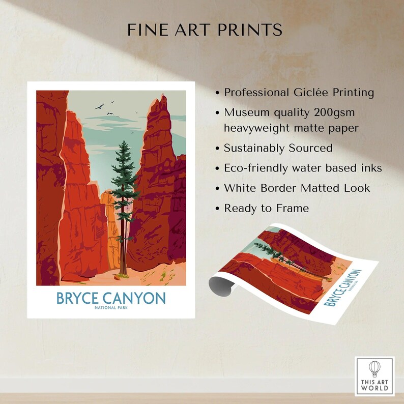 Bryce Canyon National Park wall art print featuring red rock formations and pine tree.