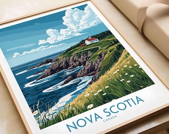 Op de afbeelding: Een kleurrijke illustratie van een kustscène in Nova Scotia, Canada. De afbeelding toont een huis met een rood dak op een groene klif met uitzicht op een blauwe oceaan met witte golven. De tekst "NOVA SCOTIA CANADA" is onderaan de afbeelding gedrukt.