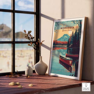 Minnesota USA Lake Canoe Poster - Peaceful Landscape Wall Art Print Minnesota Gift Art Lovers Illustration