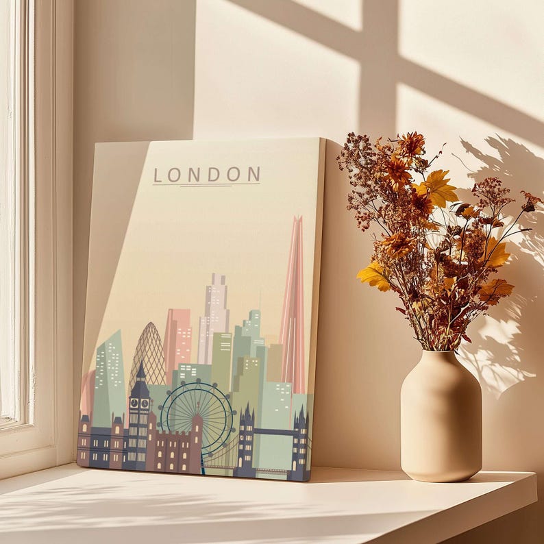 London Skyline Print | Wall Art featuring elegant beige tones and iconic cityscape details.