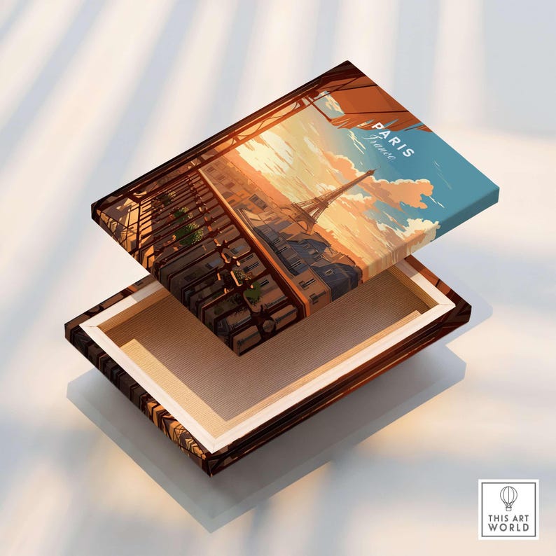 Paris Eiffel Tower Poster beautifully illustrated on a wooden box, showcasing the iconic Parisian skyline and sunset.