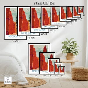 Bryce Canyon National Park wall art poster size guide with various print sizes displayed in a modern room.