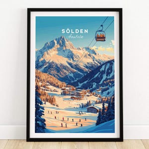 Impresión artística de pared de Sölden, póster de Austria, póster de la estación de esquí de Sölden, obra de arte de deportes de invierno, aventura, decoración del hogar, arte de pared de esquí, regalo para esquiadores