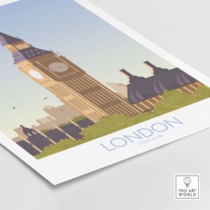 May include: A colorful illustration of Big Ben, a famous clock tower in London, England. The illustration is in a retro style with a blue sky and green trees.