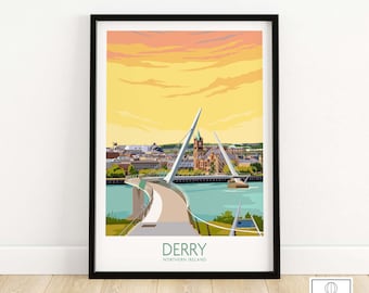 Derry Print | Derry Poster | Derry Wall Art | Northern Ireland Poster | The Peace Bridge Derry Travel Poster | Londonderry Poster | Gift