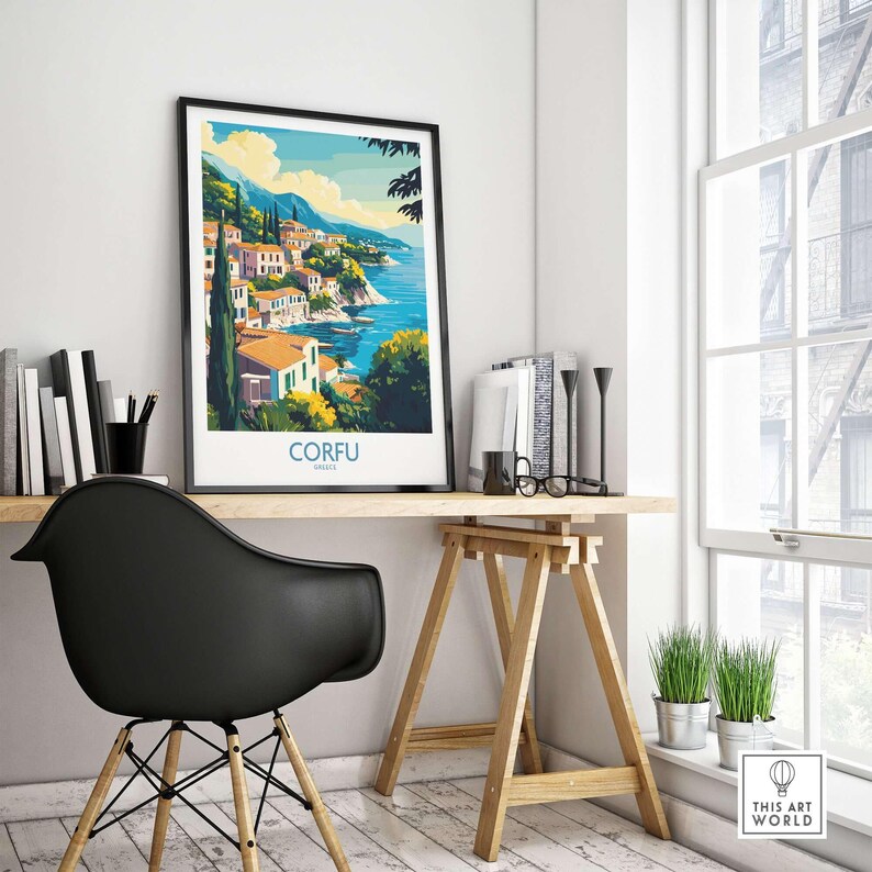 Corfu landscape art print in a stylish home office setting, showcasing vibrant Greek scenery.