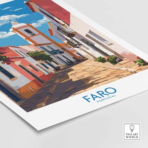 May include: A print showing a stylized illustration of Faro, Portugal. The artwork depicts buildings with red tile roofs, a church tower, and a cobblestone street. The word "FARO" is in blue, with "PORTUGAL" below.