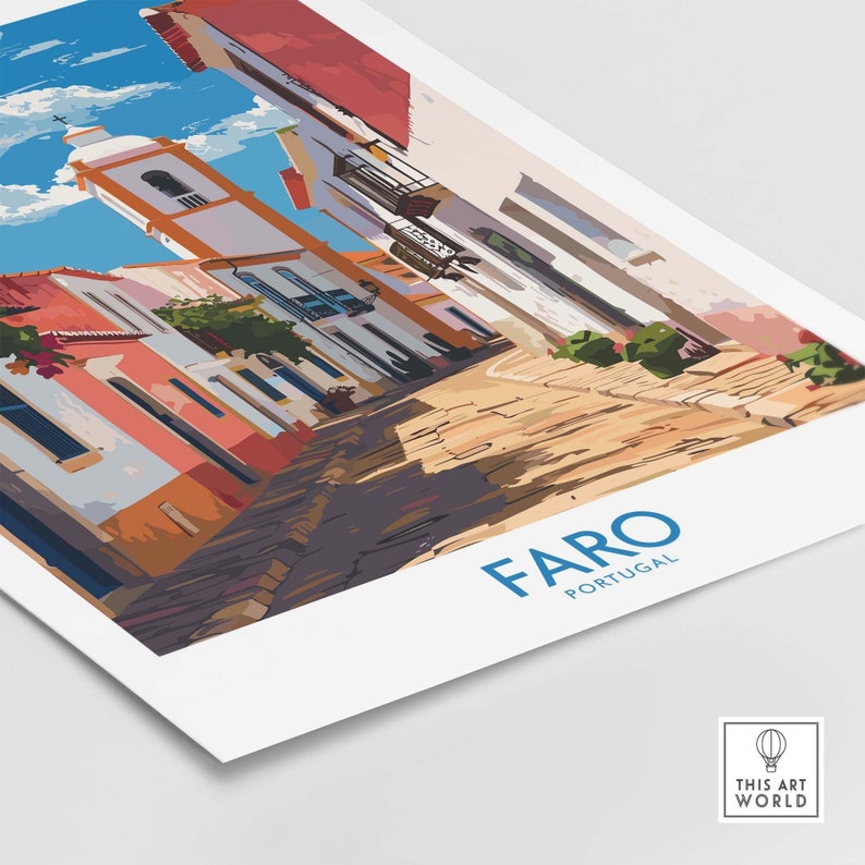 May include: A print showing a stylized illustration of Faro, Portugal. The artwork depicts buildings with red tile roofs, a church tower, and a cobblestone street. The word "FARO" is in blue, with "PORTUGAL" below.