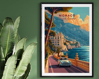 May include: A vintage travel poster featuring a scenic view of Monaco, French Riviera. The poster depicts a winding road leading to a luxurious building with a classic car driving along the road. The poster has a retro color palette and a vintage font.