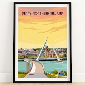Stampa poster di Derry / Arte murale di Londonderry / Arredamento per la casa dell&#39;Irlanda del Nord / Stampa del Peace Bridge / Poster di viaggio con lo skyline della città di Derry