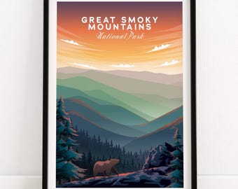 Poster naturalistico dei Great Smoky Mountains: Scena con orso di montagna (Arredamento rustico per baita)