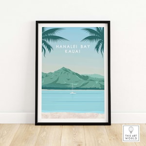 Kauai Print Travel Poster | Hanalei Bay Kauai Wall Art | Kauai Hawaii Home Decor | Beach Print | Tropical Hawaiian Art | Kauai Gift Idea