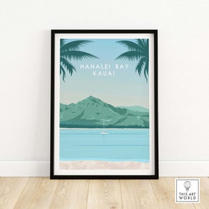 Kauai Print Travel Poster | Hanalei Bay Kauai Wall Art | Kauai Hawaii Home Decor | Beach Print | Tropical Hawaiian Art | Kauai Gift Idea