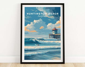 Huntington Beach Surfers Print, Vintage Surf Poster, Coastal Wall Art, Ocean Wave Artwork, Beach House Gift, California Surf Scene