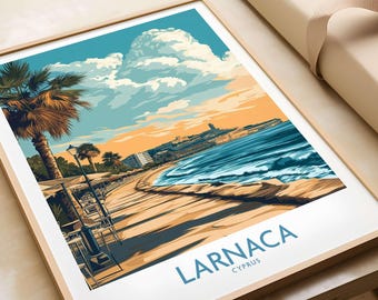 Larnaca Palm Tree Sunset Poster, Cyprus Travel Print, Coastal Wall Art, Framed and Unframed, Vibrant Warm Hues, Vacation Decor Gift