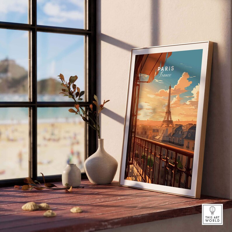 Paris Eiffel Tower poster displayed on a windowsill, showcasing a scenic illustration with vibrant colors.