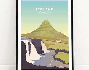 Poster di viaggio sull'Islanda / Stampa artistica da parete di Reykjavík, Islanda / Monte Kirkjufell, Islanda / Idea regalo per l'arredamento della casa in Islanda
