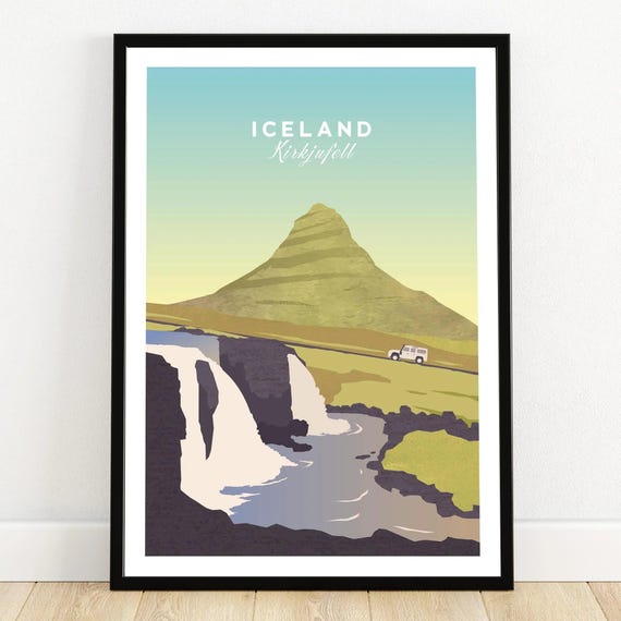 Iceland Print Travel Poster | Reykjavík Iceland Wall Art | Mount Kirkjufell Iceland | Iceland Home Decor Gift Idea