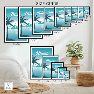 May include: Size guide for Miami, Florida art prints. The prints feature a palm tree, cityscape, and ocean. Sizes range from 6x8 inches to 24x36 inches.