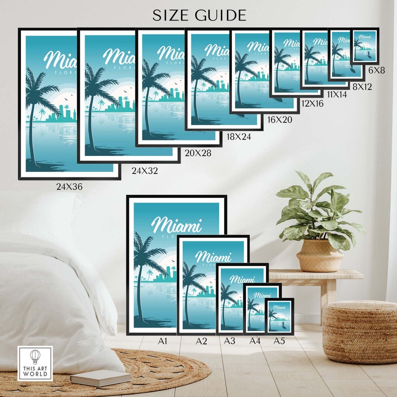May include: Size guide for Miami, Florida art prints. The prints feature a palm tree, cityscape, and ocean. Sizes range from 6x8 inches to 24x36 inches.