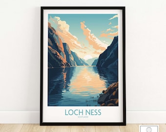 May include: A colorful illustration of Loch Ness in Scotland. The image shows a view of the loch with mountains on either side and a reflection of the sky in the water. The text "Loch Ness" and "Scotland" is printed below the image.