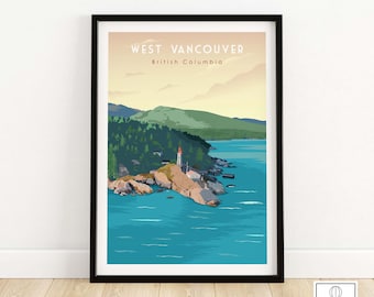 West Vancouver British Columbia Travel Poster Print | Framed Wall Art of Canada | Lighthouse & Coastal Scene | Birthday Gift, Home Decor